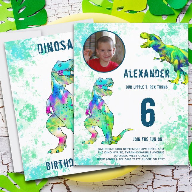 T-Rex Dinosaur 6th Birthday Party Photo Budget (T-Rex dinosaur 6th birthday party budget invitation with photo template colorful dino watercolor)