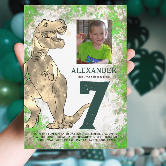 T-Rex Dinosaur 7th Birthday Party Photo  Invitation (T-Rex dinosaur 7th birthday party invitation with photo template green and brown watercolor jungle)