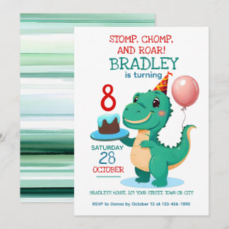 T Rex Dinosaur 8th Birthday Party Invitation