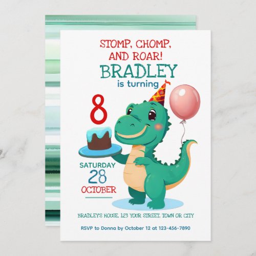 T Rex Dinosaur 8th Birthday Party Invitation