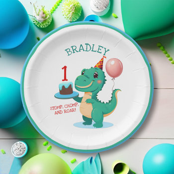 T Rex Dinosaur Add Age Birthday Party Paper Plates by ironydesign at Zazzle