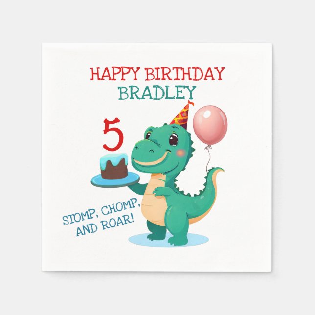T Rex Dinosaur Add Age Happy Birthday Party Napkins (Front)