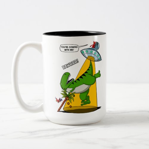 T Rex Dinosaur Alien Abduction Funny UFO Two_Tone Coffee Mug