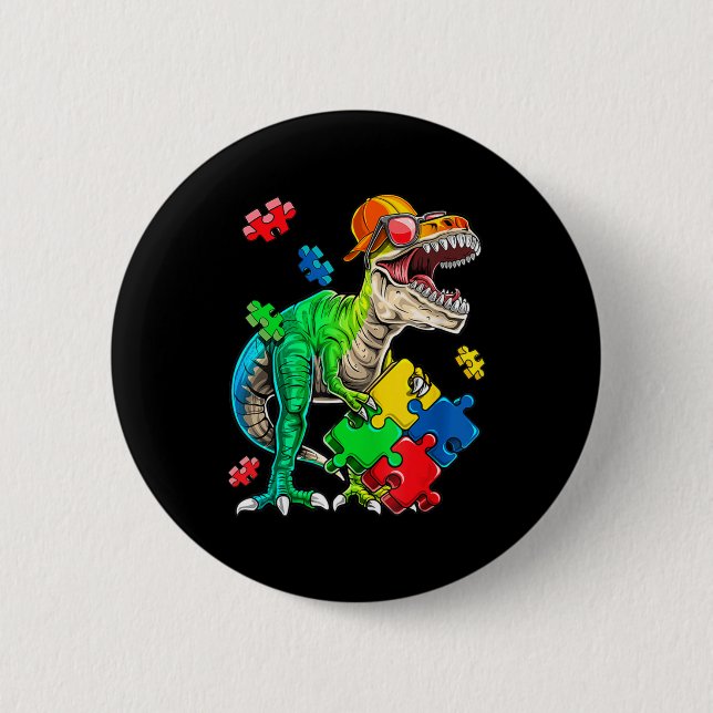 T Rex Dinosaur Autism Awareness Puzzle Piece Gifts Button (Front)