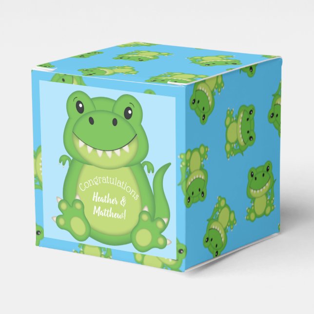 T-Rex Dinosaur Baby Shower Blue Favor Boxes (Front Side)