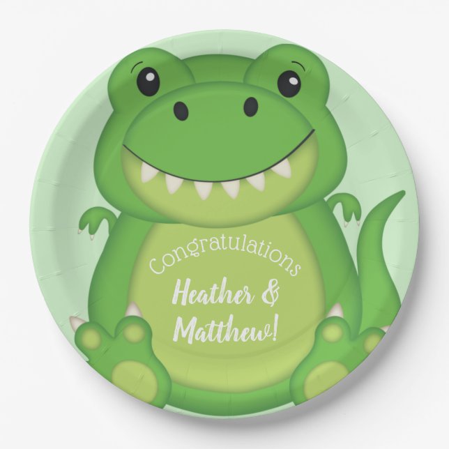T-Rex Dinosaur Baby Shower Green Paper Plates (Front)