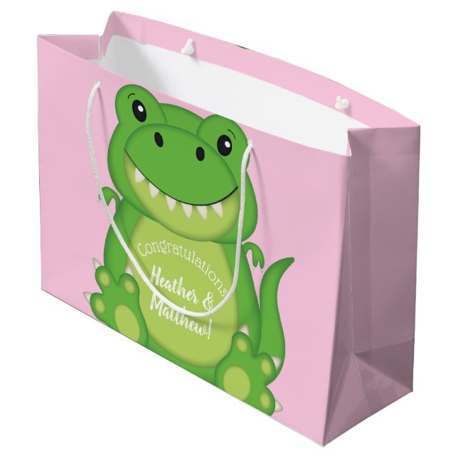 T-Rex Dinosaur Baby Shower Pink Large Gift Bag (Back Angled)