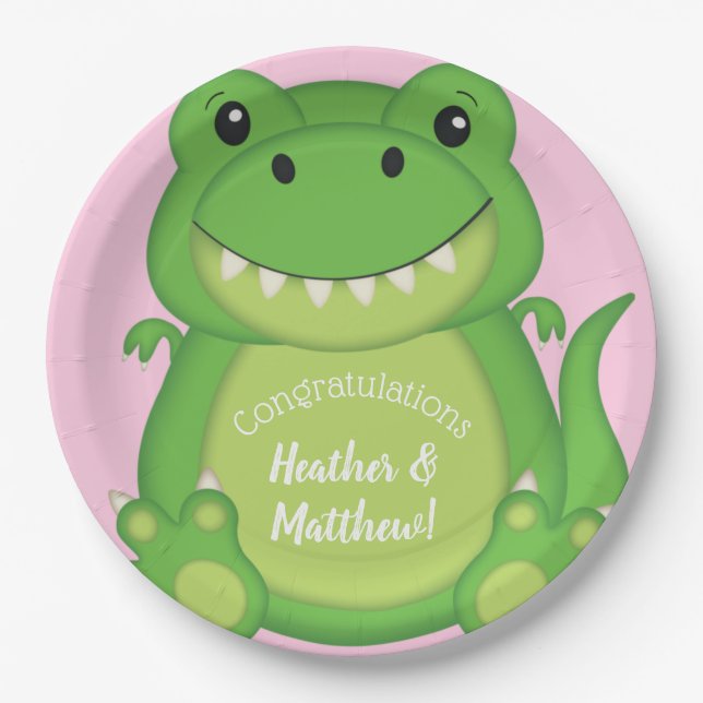 T-Rex Dinosaur Baby Shower Pink Paper Plates (Front)