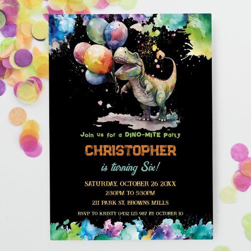 T_Rex Dinosaur Balloons Paint Splash Birthday Invitation