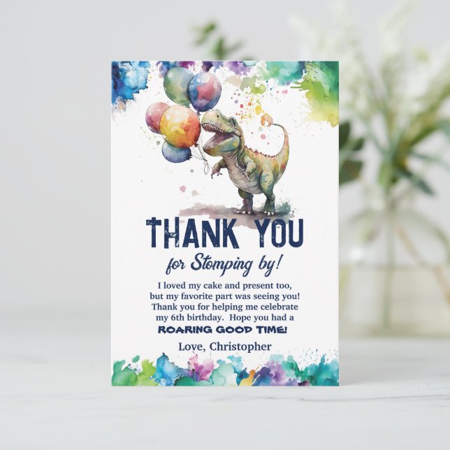 T-Rex Dinosaur Balloons Paint Splash Birthday  Thank You Card (Standing Front)
