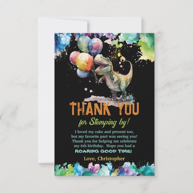 T-Rex Dinosaur Balloons Paint Splash Birthday Thank You Card (Front)