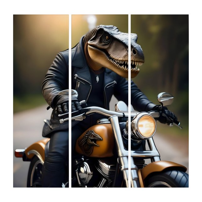 T-Rex Dinosaur Bikie On A Motorbike, Triptych (Front)