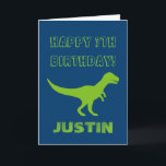 T rex dinosaur Birthday greeting card for kids<br><div class="desc">Personalized T rex dinosaur Birthday greeting card for kids. Cute Birthday card idea for boys and girls. Green prehistoric Tyrannosaurus rex animal design with customizable color background. Personalized wild trex for children. Fun for kindergarten, grammar school, elementary school kids. Add your own name. Also available as big extra large oversized...</div>