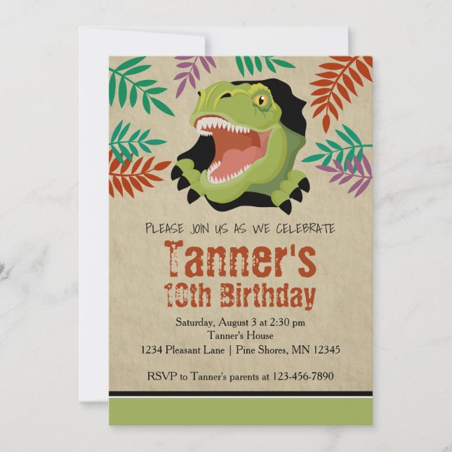 T Rex Dinosaur Birthday Invitations │ Green (Front)