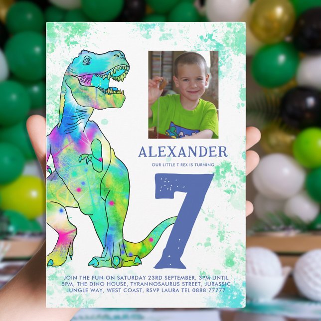 T-Rex Dinosaur Birthday Party Invitation (T-Rex Dinosaur 7th birthday party fun watercolor invitation with personalized photo)
