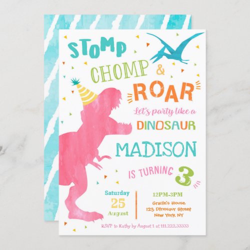 T Rex Dinosaur Birthday Party Invitations for girl