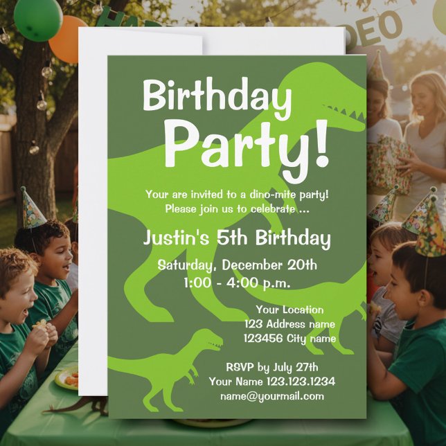 T-Rex dinosaur birthday party invitations for kids (Kid's dinosaur party invitation template)