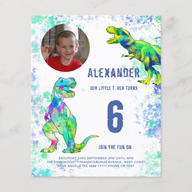 T Rex Dinosaur Birthday Party Photo Budget Flyer (Front)