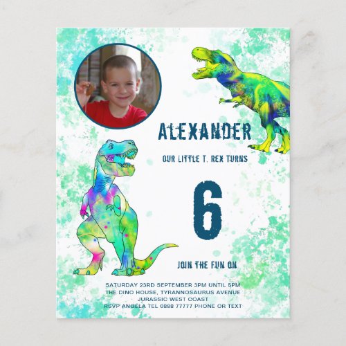 T Rex Dinosaur Birthday Party Photo Budget Flyer