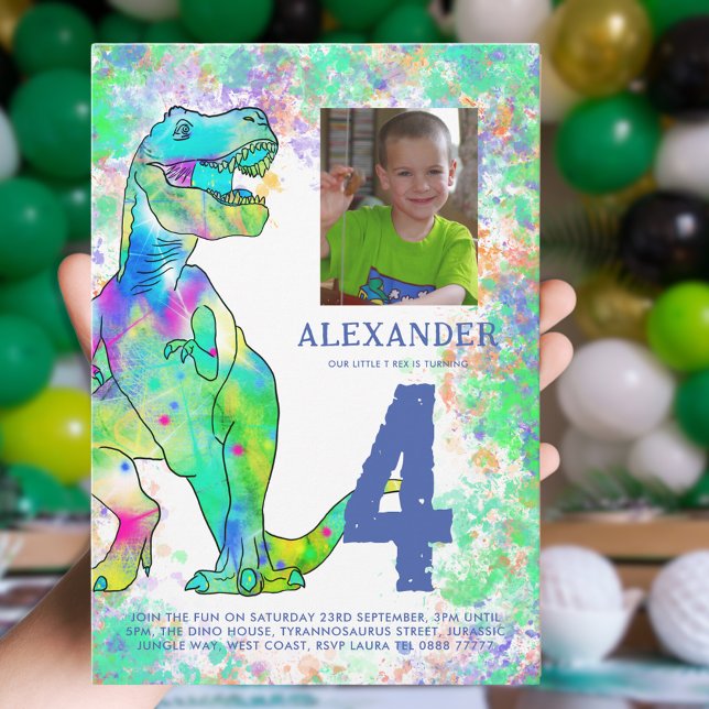 T-Rex Dinosaur Birthday Party Photo Invitation (Colorful T-Rex dinosaur 4th birthday party invitation with kids photo)