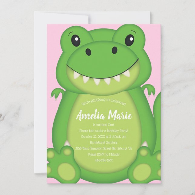 T-Rex Dinosaur Birthday Party Pink Invitation (Front)