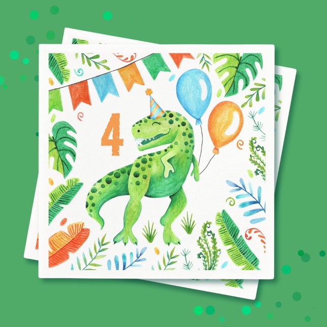 T rex Dinosaur Birthday Party Watercolor Napkins (T rex Dinosaur Boys Birthday Watercolor Napkins)