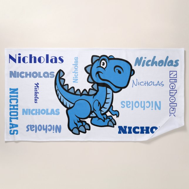 T Rex Dinosaur Blue Personalized Name Beach Towel (Front)