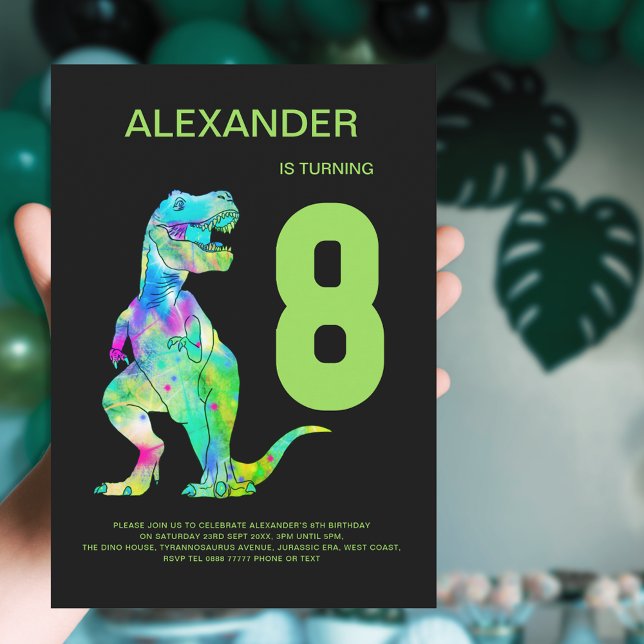 T-Rex Dinosaur Boys 8th Birthday Party Invitation (Colorful Dinosaur T-Rex boys 8th birthday party invitation green blue purple black)