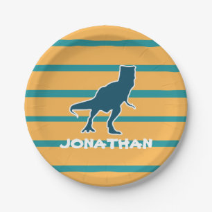 T-rex dinosaur cartoon colorful bday boys name paper plates
