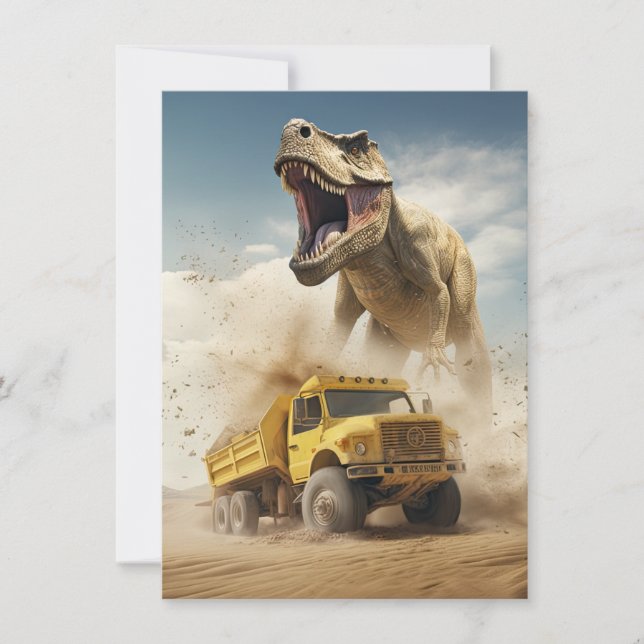 T-Rex Dinosaur Chasing a Dump Truck Birthday Party Invitation (Front)