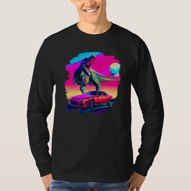 T Rex Dinosaur Chasing Sports Car In Space Tyranno T-Shirt (Front)