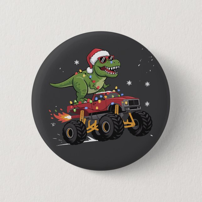T-Rex Dinosaur Christmas Monster Truck  Button (Front)