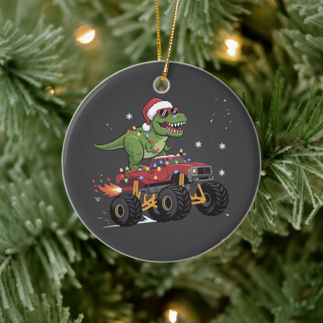 T-Rex Dinosaur Christmas Monster Truck  Ceramic Ornament (Tree)