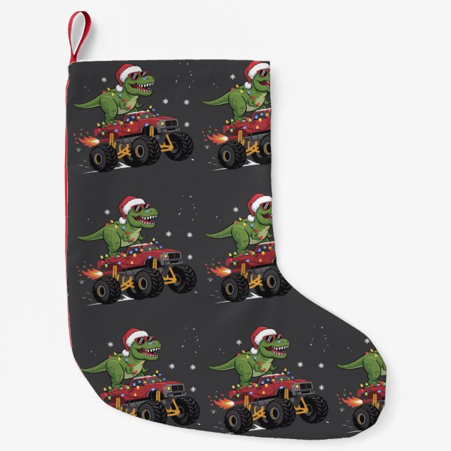 T-Rex Dinosaur Christmas Monster Truck  Small Christmas Stocking (Front)