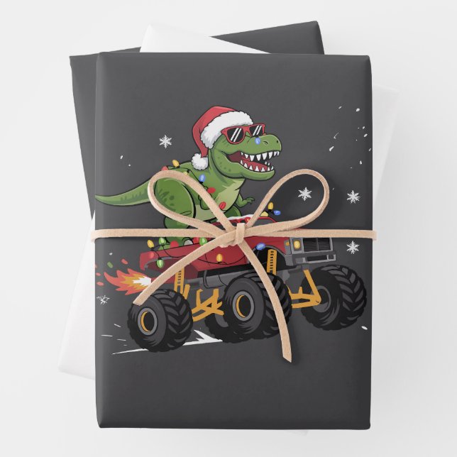T-Rex Dinosaur Christmas Monster Truck  Wrapping Paper Sheets (In situ)