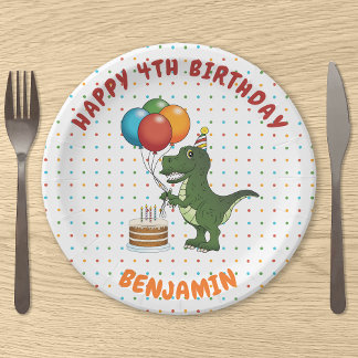 T-rex Dinosaur Colorful Balloons Custom Child Name Paper Plates