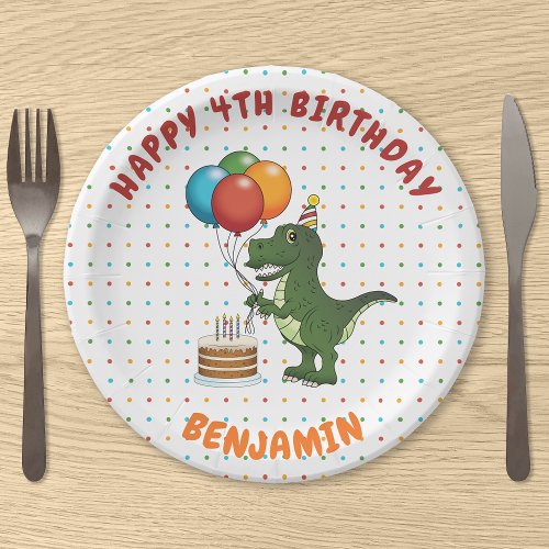 T_rex Dinosaur Colorful Balloons Custom Child Name Paper Plates
