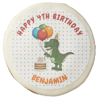 T-rex Dinosaur Colorful Balloons Happy Birthday Sugar Cookie