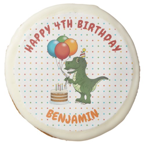 T_rex Dinosaur Colorful Balloons Happy Birthday Sugar Cookie