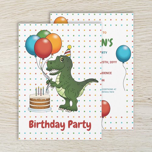 T_rex Dinosaur Colorful Balloons Kids Birthday Invitation