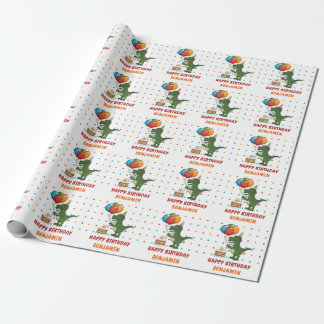T-rex Dinosaur Colorful Birthday Balloons And Name Wrapping Paper