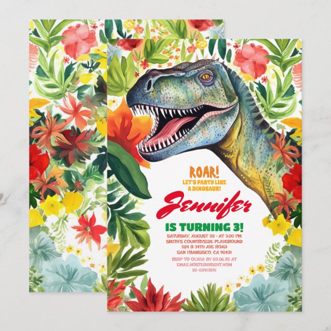 T-Rex Dinosaur Colorful Floral Girl's Birthday Invitation (Front/Back)