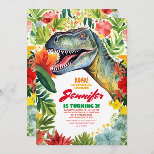 T_Rex Dinosaur Colorful Floral Girls Birthday Invitation