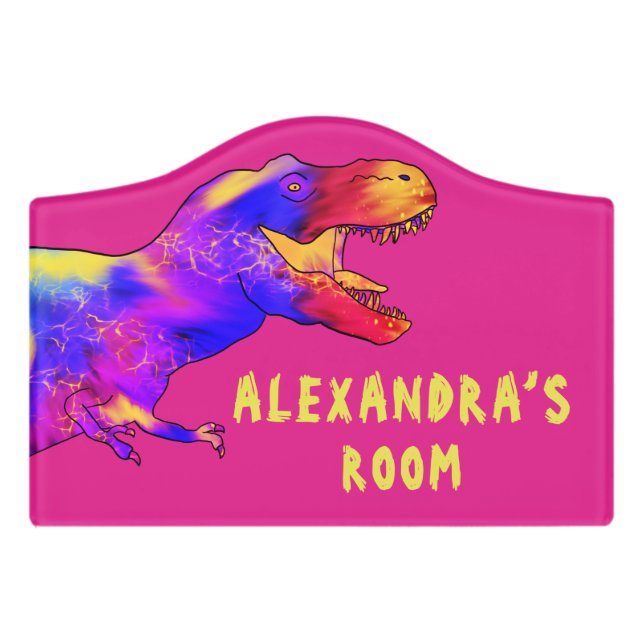 T. rex dinosaur colorful personalized pink door sign (Small Crest Front)