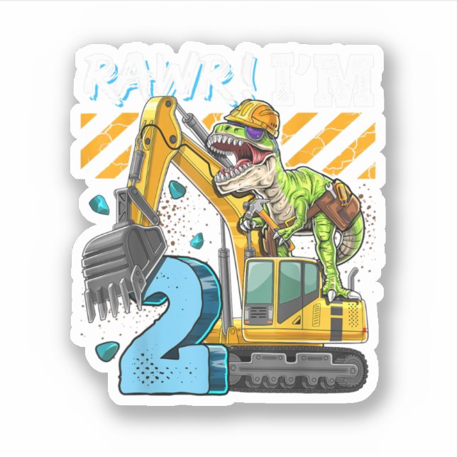 T Rex Dinosaur Construction Hat Excavator 2Nd Birt Sticker (Front)