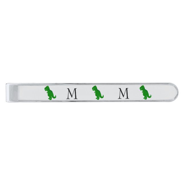 T-Rex Dinosaur Design Monogrammed Silver Finish Tie Bar (Front)