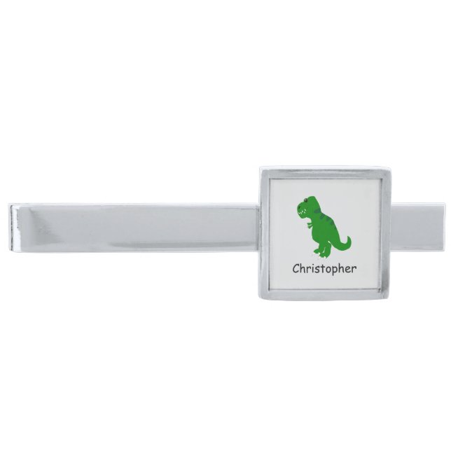 T-Rex Dinosaur Design Personalised Silver Finish Tie Bar (Front)