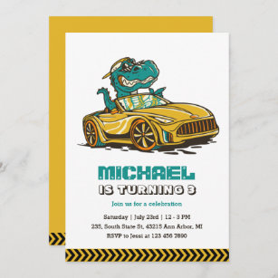 T-Rex Dinosaur Drive Yellow Car Kids Boys Birthday Invitation