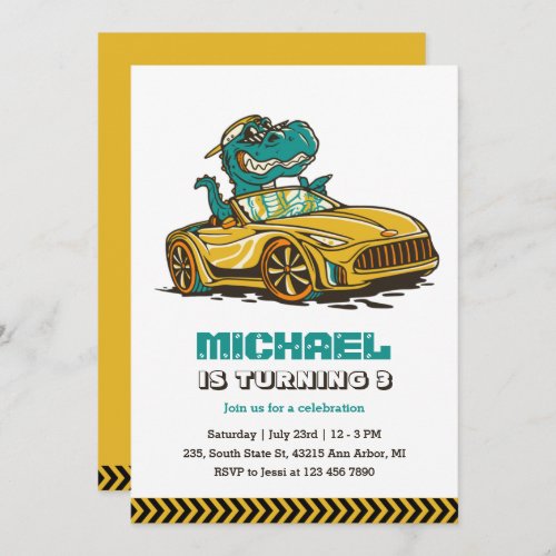 T_Rex Dinosaur Drive Yellow Car Kids Boys Birthday Invitation