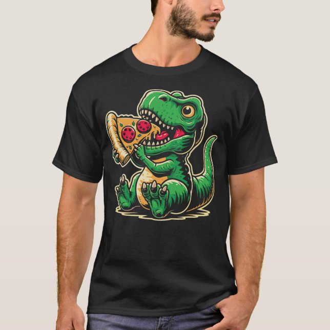 T-Rex Dinosaur Eating Pizza Funny Dino Lover T-Shirt (Front)